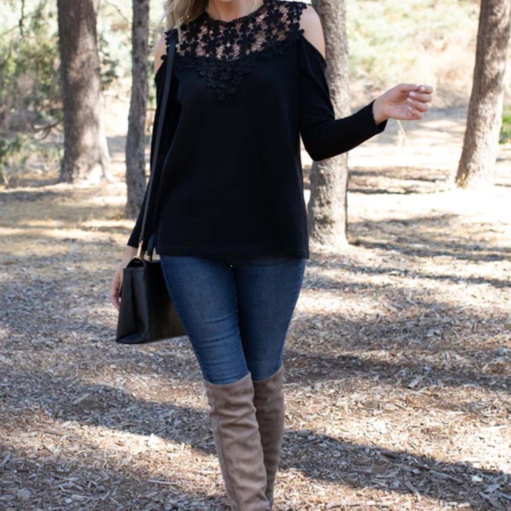 Long Sleeve Cold Shoulder Crochet Sweater